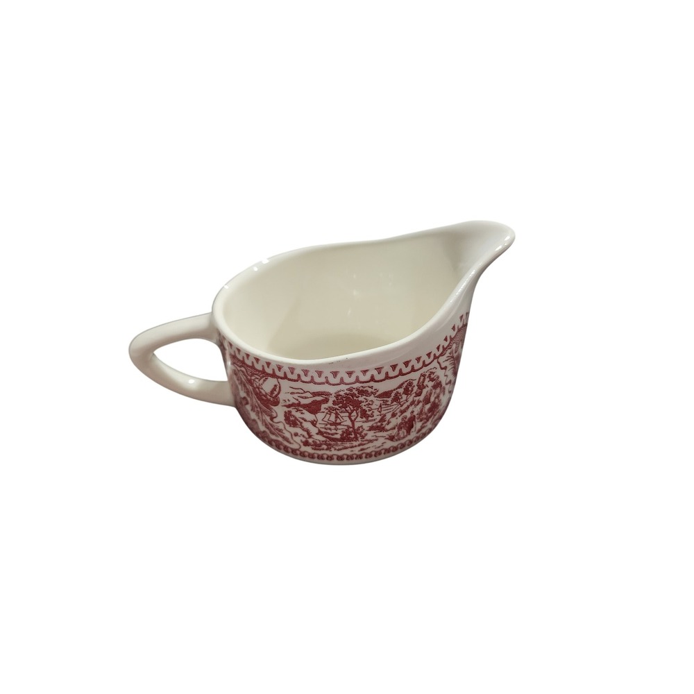 Vintage Red Transferware Ceramic Creamer Pitcher Pastoral Scene Farmhouse Style
